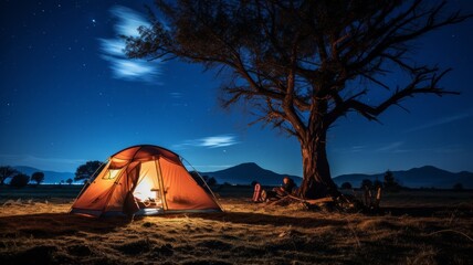 Night camping under stars, tent lit from inside, wilderness adventure