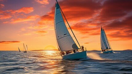 Sailboats racing at sunset, competitive sailing, open sea - obrazy, fototapety, plakaty