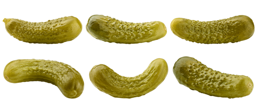 marinated pickled cucumbers isolated on white background, clipping path, full depth of field