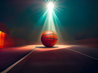 Basketball ball on the court at night. 3D illustrations.
