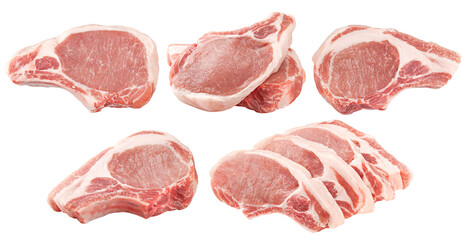 fresh raw meat on white background, pork, beef, chop on a bone, clipping path, full depth of field