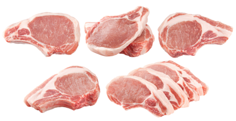 fresh raw meat on white background, pork, beef, chop on a bone, clipping path, full depth of field