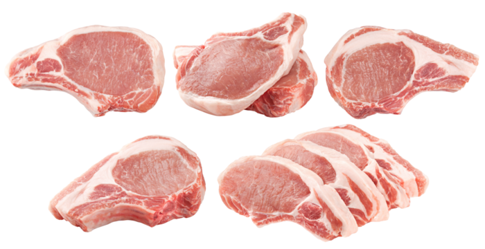 fresh raw meat on white background, pork, beef, chop on a bone, clipping path, full depth of field
