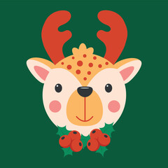 Cute deer and christmas berry. New year kawaii character for postcard, greeting card, logo, poster for design kids room. 