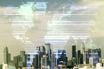 Double exposure of abstract digital world map on Los Angeles city skyscrapers background, research and strategy concept