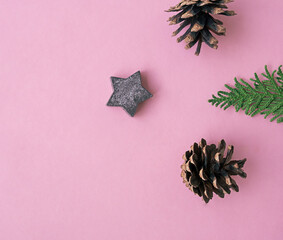 Christmas celebration concept composition with pine cone and thuja branches on the pink background....