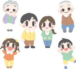 頭身低めにかわいくデフォルメした家族三世代のカラーイラストセット