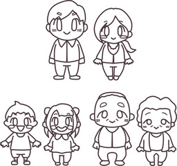 頭身低めにかわいくデフォルメした家族三世代の線画セット