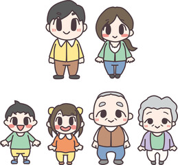 頭身低めにかわいくデフォルメした家族三世代のカラーイラストセット