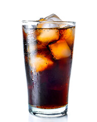 glass of cola with ice isolated on white background