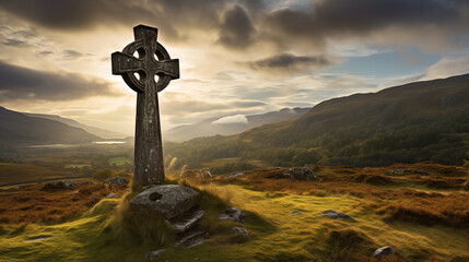 Celtic cross in landscape with mountains	 - Powered by Adobe