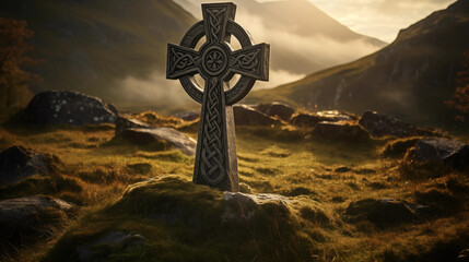 Celtic cross in landscape with mountains	 - obrazy, fototapety, plakaty