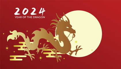 Chinese dragon silhouette with clouds on moon sky. Lunar new year 2024 celebration.