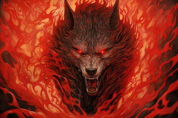 The wolf that came out of hellfire felt ferocious and frightening. - obrazy, fototapety, plakaty