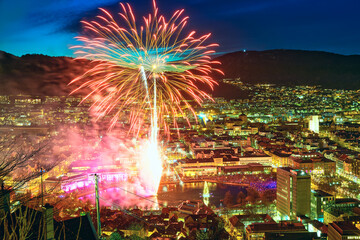 Light festival with fireworks in Bergen, Norway