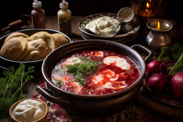 Red borscht traditional dish - barszcz czerwony Christmas food soup with cream warm - obrazy, fototapety, plakaty