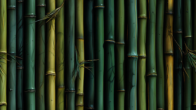 A seamless pictrure of green bamboo. in the style of tonal variations in color, dark emerald and light brown, flickr, textured organic forms, piles/stacks - Seamless tile. Endless and repeat print.
