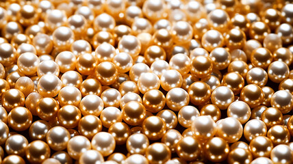 Background of a lot of golden pearls. Shallow depth of field