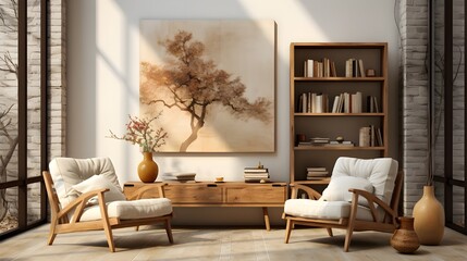 wooden shelf & bookcase with art print, two small chairs, and a large wooden box, in the style of light white and light brown