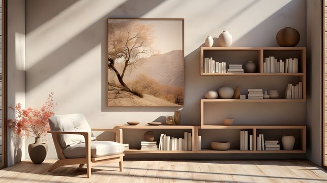 wooden shelf & bookcase with art print, two small chairs, and a large wooden box, in the style of light white and light brown