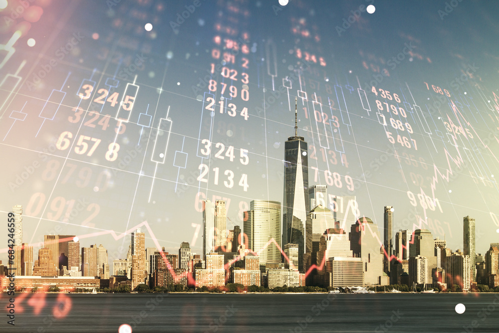 Poster Double exposure of abstract creative statistics data hologram on New York city office buildings background, analytics and forecasting concept