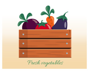 Wooden box with vegetables. Agricultural products in a box logo design. Vector flat illustration