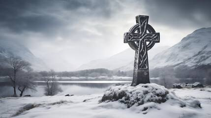 Celtic cross in winter. Snow covered landscape