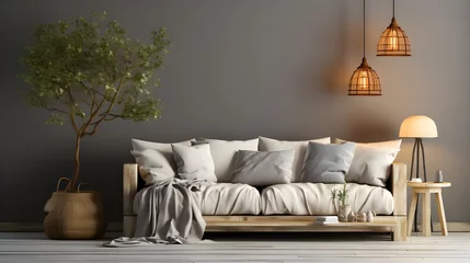Fotobehang grey couch and lamp in a living room, in the style of eco-friendly craftsmanship © Muzikitooo