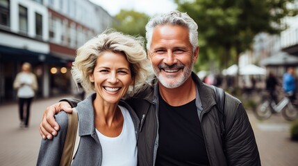 Portrait of happy elderly tourist couple posing for photo outdoors in city. Smiling senior people traveling together on vacation. Man and woman affectionately hugging enjoying a weekend getaway. - obrazy, fototapety, plakaty