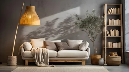Fotobehang grey couch and lamp in a living room, in the style of eco-friendly craftsmanship © Muzikitooo