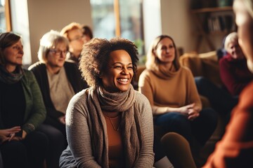 Professional therapists conduct an open group session and a comforting smile, emphasizing the importance of mental health and counseling. Generative ai - obrazy, fototapety, plakaty