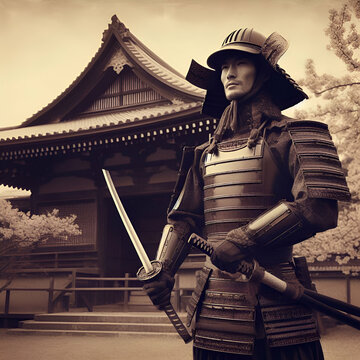 Mystical Terrifying  Martial Ronin Samurai Warrior Demon with Bushido Moral Code Attitude Wearing Demonic Japanese Armor & Holding a Katana Sword Standing in Front of Old Temple Battle Ready Sun Tzu