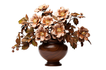 Beautiful Ashoka flowers In Urn Shiny Lacquered Brown Wood On Transparent Background