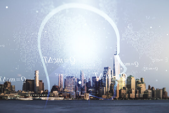 Abstract virtual artificial Intelligence interface with human head hologram on New York city skyline background. Multiexposure