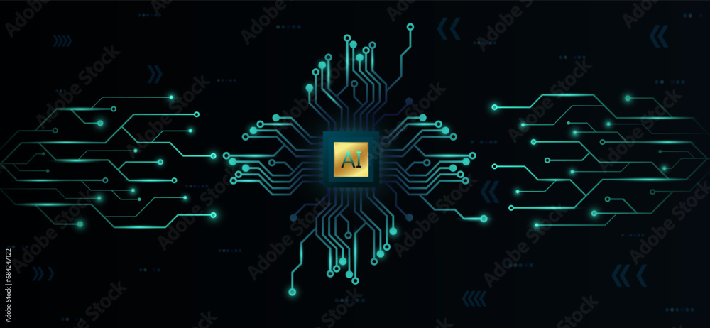 Poster AI chip digital technology on a Dark green background. AI computer processor. Digital technology artificial intelligence concept design. Modern technology design. CPU and circuit board background.