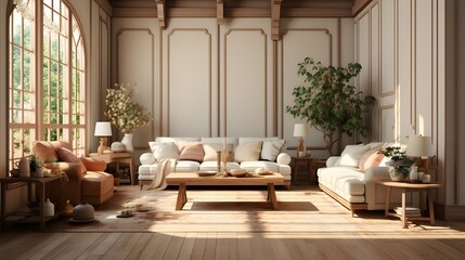 empty room full of beige and wood furniture, in the style of vray tracing, serene and tranquil scene