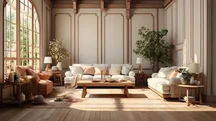 Fotobehang empty room full of beige and wood furniture, in the style of vray tracing, serene and tranquil scene © Muzikitooo