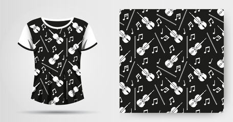 Vector illustration of a mockup and musical seamless pattern with violins and notes in black and white. © AnSeet