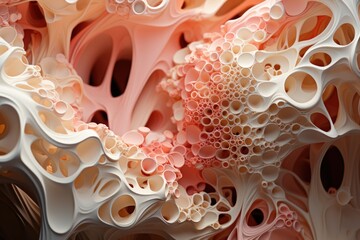 Abstract background. Organic structure resembling bone tissue or coral. The texture complex and porous with an intricate network of interconnecting cavities.  - obrazy, fototapety, plakaty