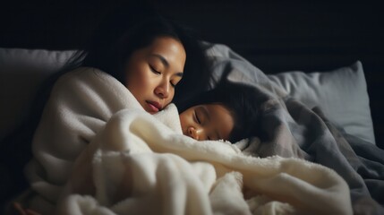 asian woman take care of little ill daughter. Sick child lying on bed under blanket, with worried. single mom taking care of sick daughter at home. child has a high fever. covers on the couch and ill.