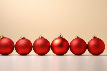 New Year background. Red Christmas balls on a light background, background with copyspace. AI generative.