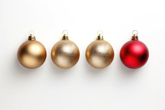 New Year background. Gold and red New Year's balls on a light background, background with copyspace. AI generative.
