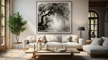Fotobehang contemporary home interior design concept beautiful living room design in natural color scheme with bright and clean cosy comfort house beautiful design background © Muzikitooo