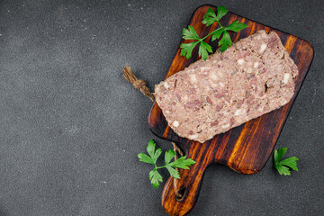 pate terrine champagne traditional meat fresh tasty eating cooking appetizer meal food snack on the table copy space food background rustic top view
