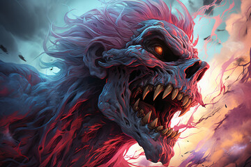 bloodthirsty animated corpse close-up. evil character. zombie apocalypse. colorful illustration.