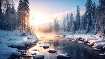Fantastic winter landscape with snowy trees and river at sunrise - obrazy, fototapety, plakaty