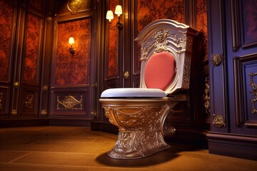 Interior of a luxurious royal bathroom with a golden toilet in a palace. - obrazy, fototapety, plakaty