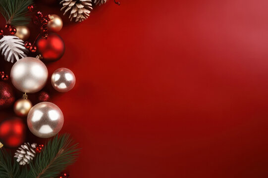 Christmas background with copy space, Christmas tree branches, balls and decorations on a red background. AI generative.