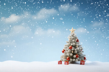 Christmas background with copy space, fir tree and gifts against the snowy sky. AI generative.