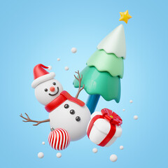 3d Christmas tree with snowman, gift box, star, ball. Element of Merry Christmas and New year concept. Special promotion of marketing. Holiday icon cartoon minimal smooth. 3d render. Clipping path.